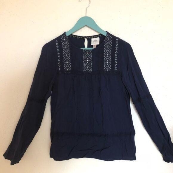 Knox Rose Navy Blue Embroidered Long Sleeve Blouse Size S boho fall winter - Picture 7 of 7